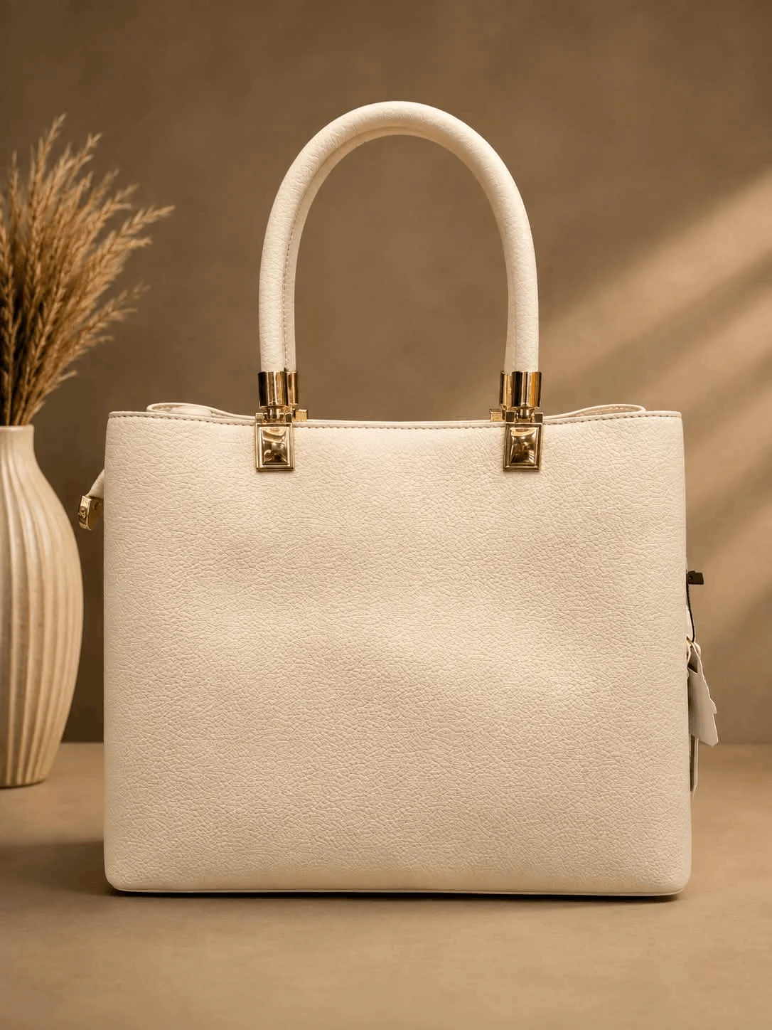Premium Ivory Textured Top Handle Tote Bag for Women
