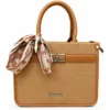 Brown textured handbag for women with sturdy top handle, stylish printed scarf detail, silver-tone front hardware and spacious structured design.