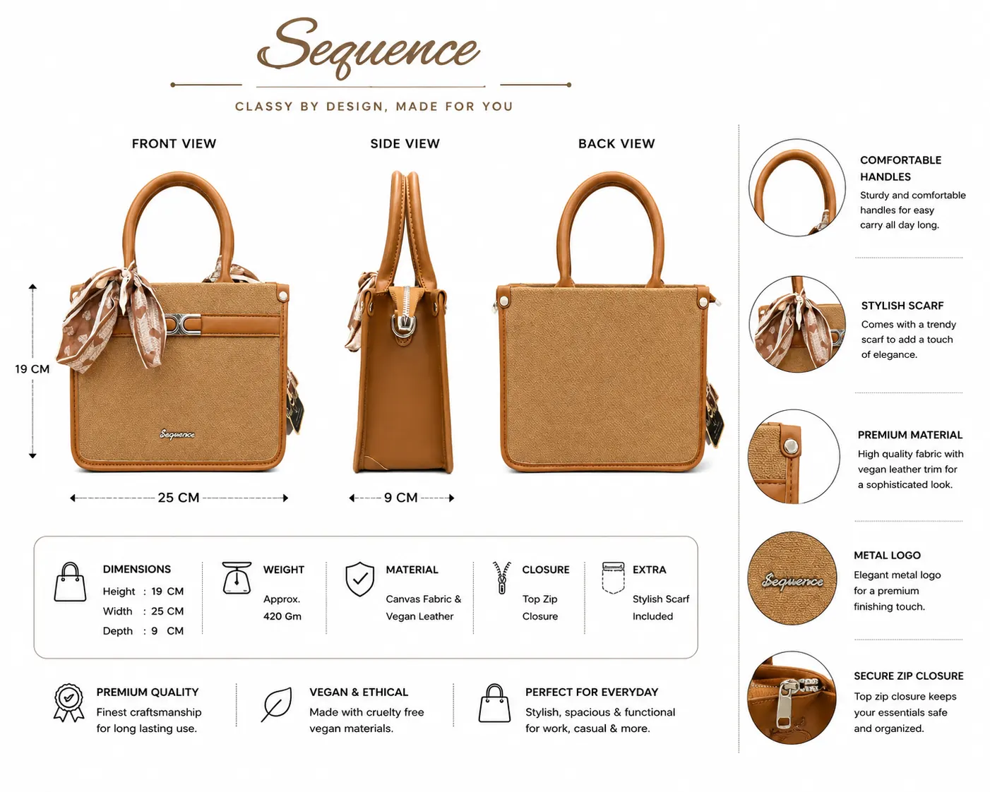 Premium Top Handle Satchel Bag for Women with Zip Closure (2) Brown textured satchel mediuem Tote handbag for women with sturdy top handle, stylish printed scarf detail, silver-tone front hardware and spacious structured design.