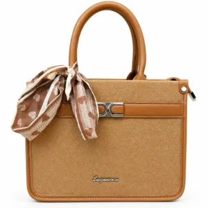 Brown textured handbag for women with sturdy top handle, stylish printed scarf detail, silver-tone front hardware and spacious structured design.