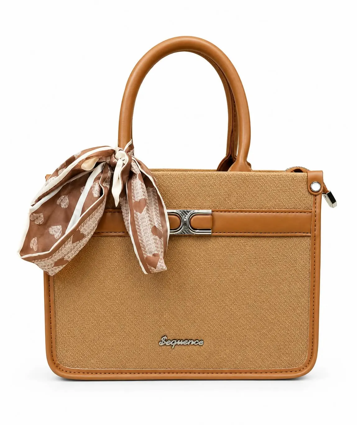 Premium Top Handle Satchel Bag for Women with Zip Closure Brown textured handbag for women with sturdy top handle, stylish printed scarf detail, silver-tone front hardware and spacious structured design.
