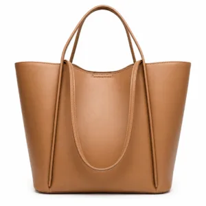Brown PU Leather Women’s Tote Handbag with Elegant White Embroidery, Spacious Main Compartment and Long Shoulder Handles