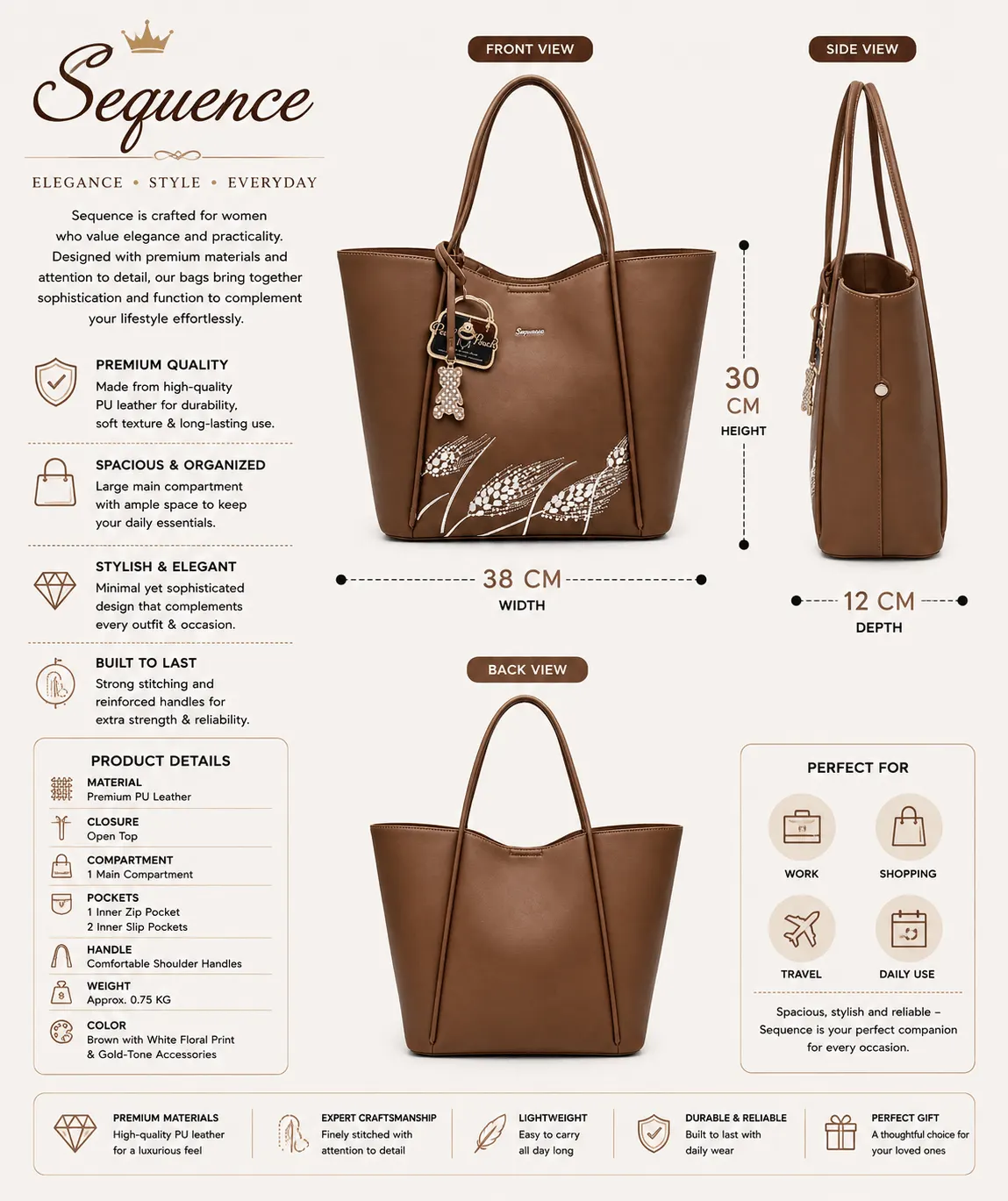 Sequence Large Brown Shoulder Bag for Women Spacious PU Leather Tote Handbag for Work, Shopping & Daily Use (3)