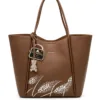 Brown PU Leather Women’s Tote Handbag with Elegant White Embroidery, Spacious Main Compartment and Long Shoulder Handles