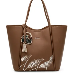 Brown PU Leather Women’s Tote Handbag with Elegant White Embroidery, Spacious Main Compartment and Long Shoulder Handles