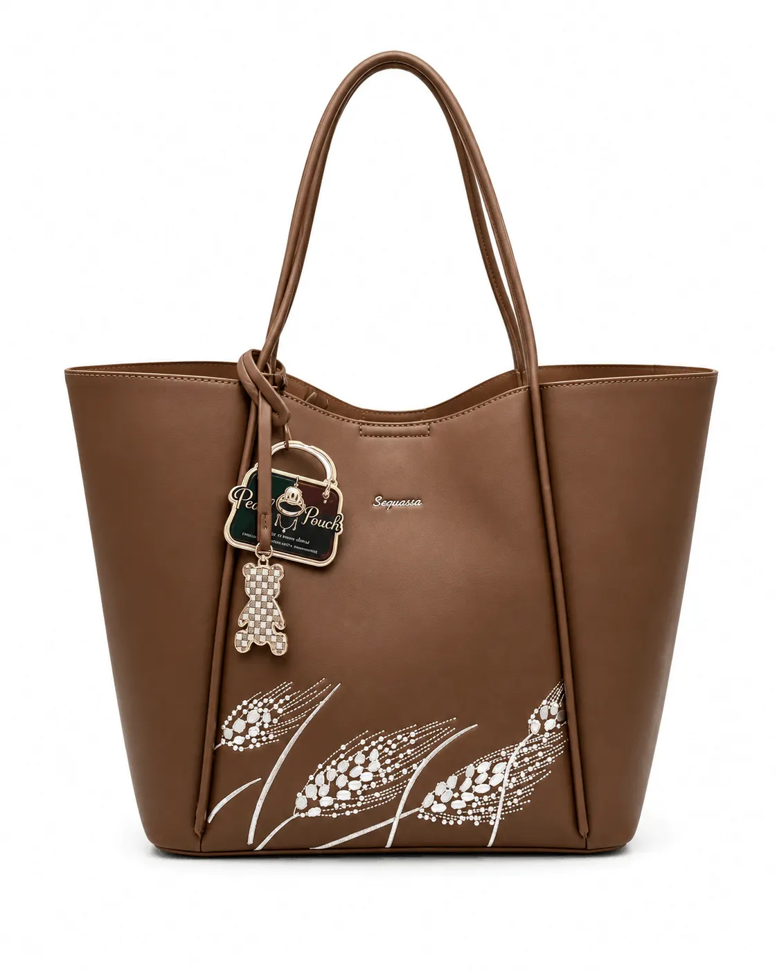 Sequence Large Brown Shoulder Bag for Women Spacious PU Leather Tote Handbag for Work, Shopping & Daily Use (4) Brown PU Leather Women’s Tote Handbag with Elegant White Embroidery, Spacious Main Compartment and Long Shoulder Handles