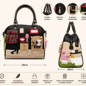 Thailand-style multicolor 3D appliqué PU leather satchel handbag for women with artistic house décor design, sturdy top handles, zipper closure and spacious interior.