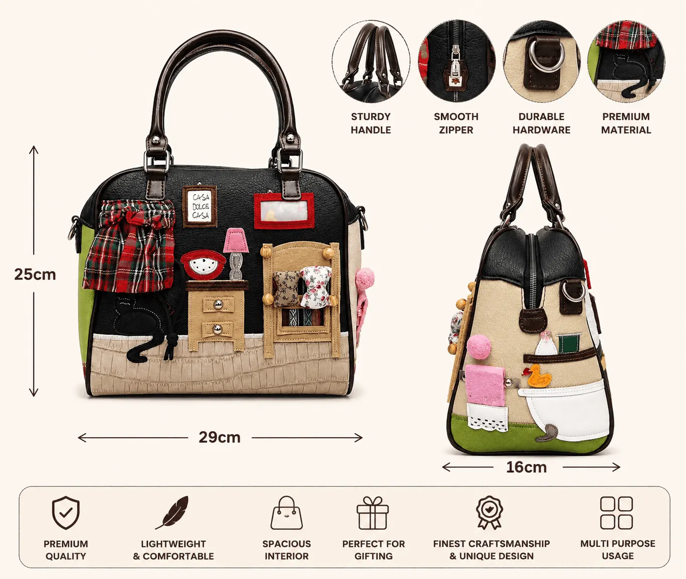 Thailand Multicolor 3D Appliqué Structured Top Handle Satchel Handbag for Women (2) Thailand-style multicolor 3D appliqué PU leather satchel handbag for women with artistic house décor design, sturdy top handles, zipper closure and spacious interior.