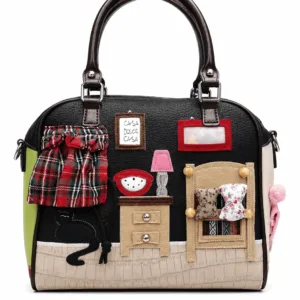 Thailand-style multicolor 3D appliqué PU leather satchel handbag for women with artistic house décor design, sturdy top handles, zipper closure and spacious interior.