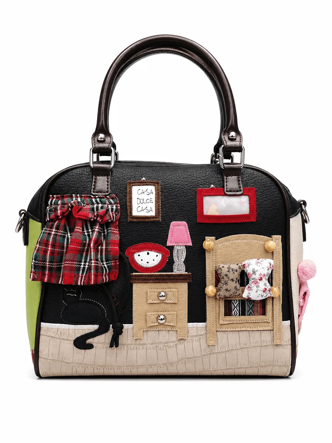 Thailand Multicolor 3D Appliqué Structured Top Handle Satchel Handbag for Women Thailand-style multicolor 3D appliqué PU leather satchel handbag for women with artistic house décor design, sturdy top handles, zipper closure and spacious interior.