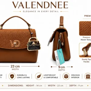Valendnee premium brown handbag with elegant woven texture, sturdy top handle, smooth zipper, spacious interior, and stylish everyday design.