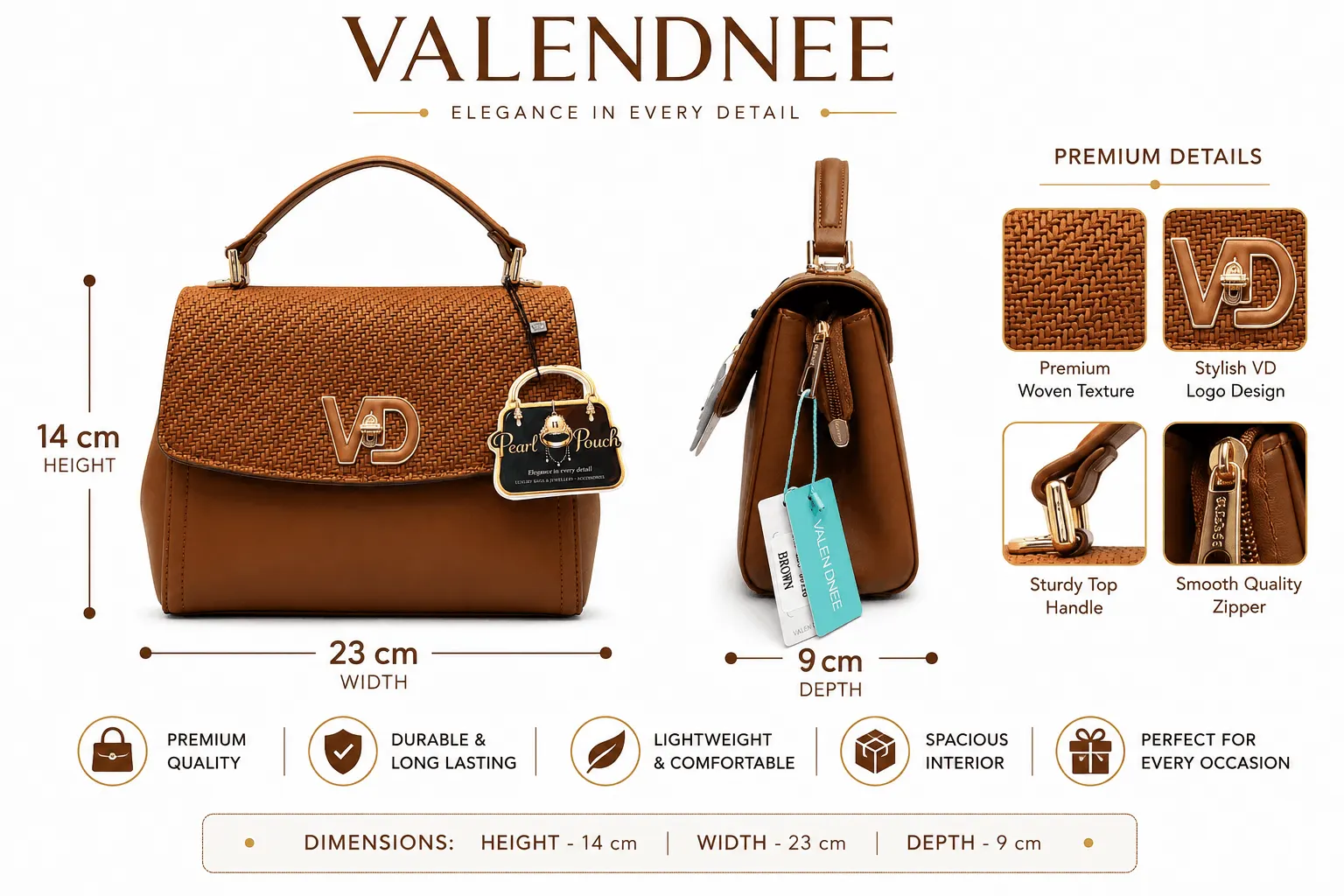 Valendnee Woven Grace Handbag (1) Valendnee premium brown handbag with elegant woven texture, sturdy top handle, smooth zipper, spacious interior, and stylish everyday design.