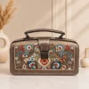 Brown vintage embroidered handbag for women with colourful floral design and top handle