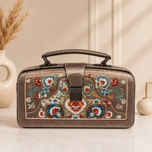 Brown vintage embroidered handbag for women with colourful floral design and top handle