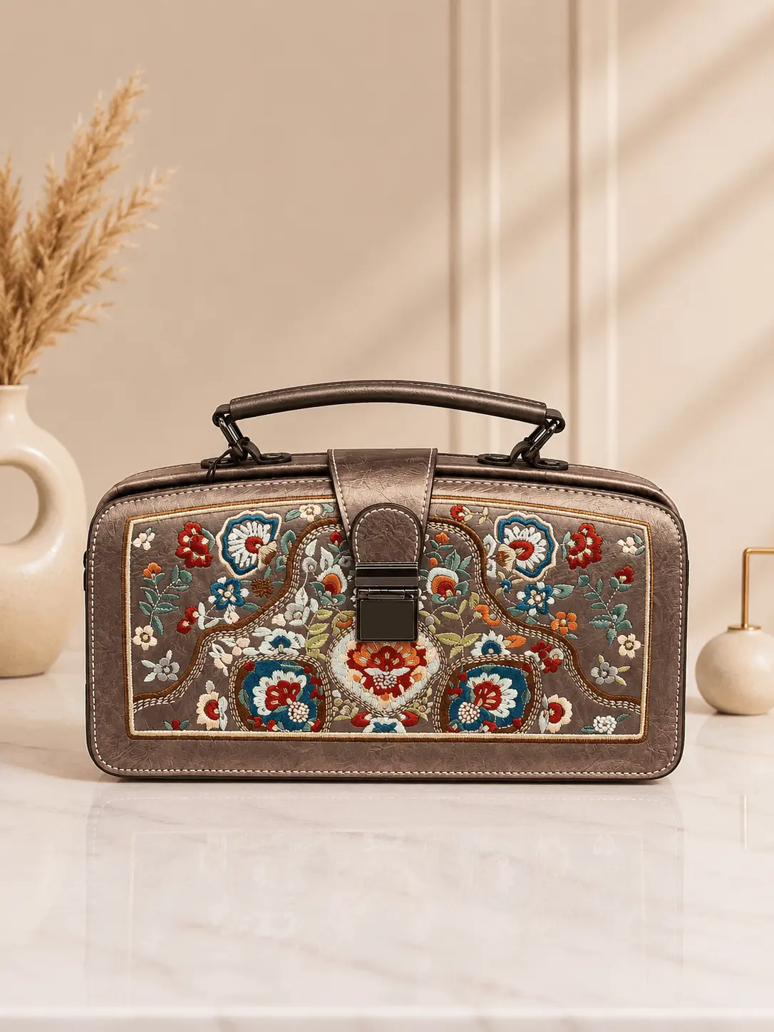 Vintage Embroidered Handbag for Women, Premium Brown Sling & Hand Bag Brown vintage embroidered handbag for women with colourful floral design and top handle