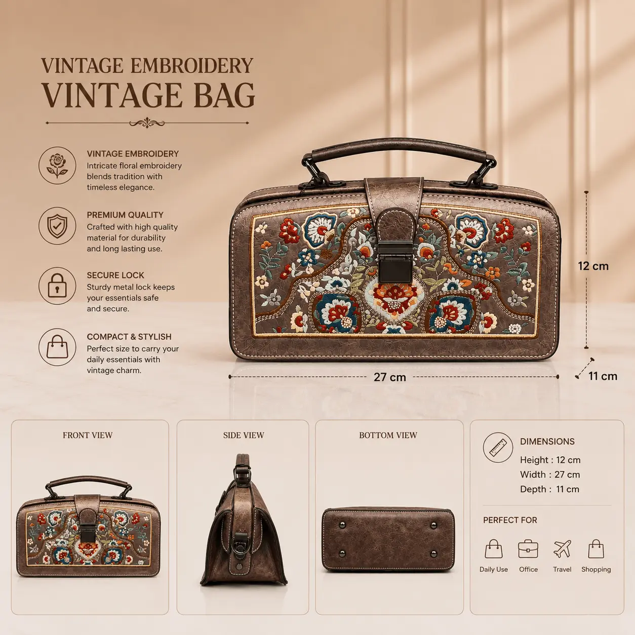 Vintage Embroidered Handbag for Women Premium Brown Sling & Hand Bag Brown vintage embroidered handbag for women with colourful floral design and top handle