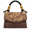 Vintage floral embroidered brown handbag with colourful flower detailing, secure clasp closure and structured top handle.