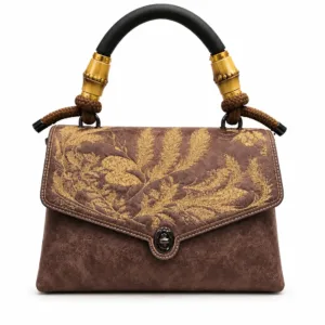 Vintage floral embroidered brown handbag with colourful flower detailing, secure clasp closure and structured top handle.