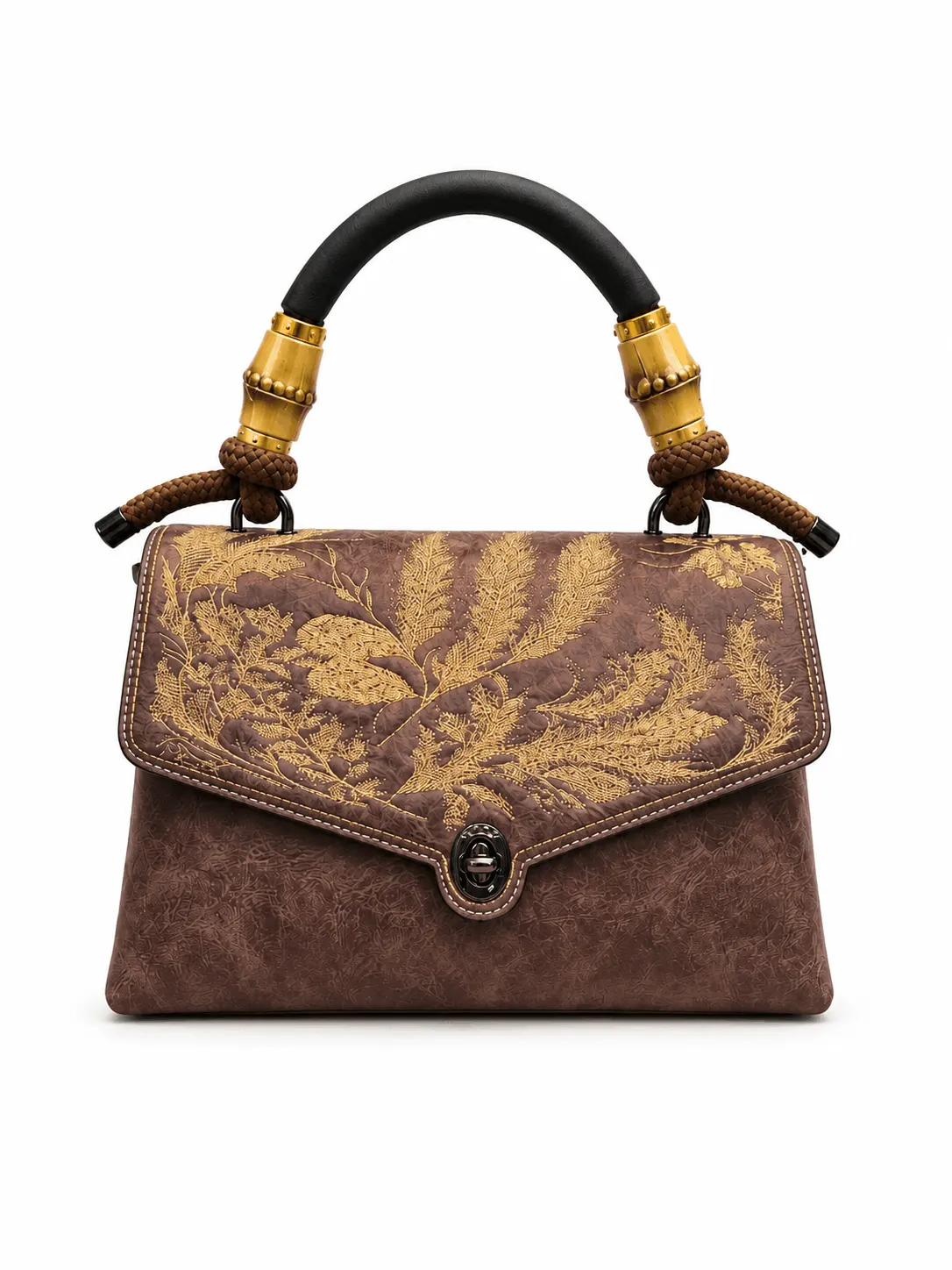Vintage Floral Embroidery PU Leather Handbag (2) Vintage floral embroidered brown handbag with colourful flower detailing, secure clasp closure and structured top handle.