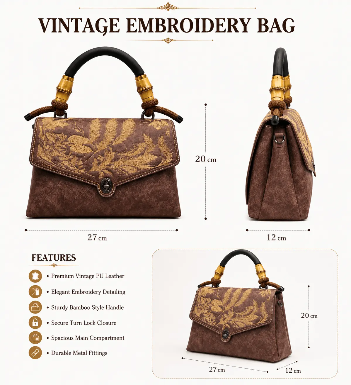 Vintage Floral Embroidery PU Leather Handbag