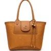 Stylish brown textured women’s tote handbag with dual handles, front flap pocket, secure zipper closure and decorative tassel charm.