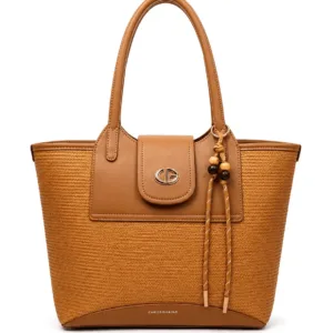 Stylish brown textured women’s tote handbag with dual handles, front flap pocket, secure zipper closure and decorative tassel charm.