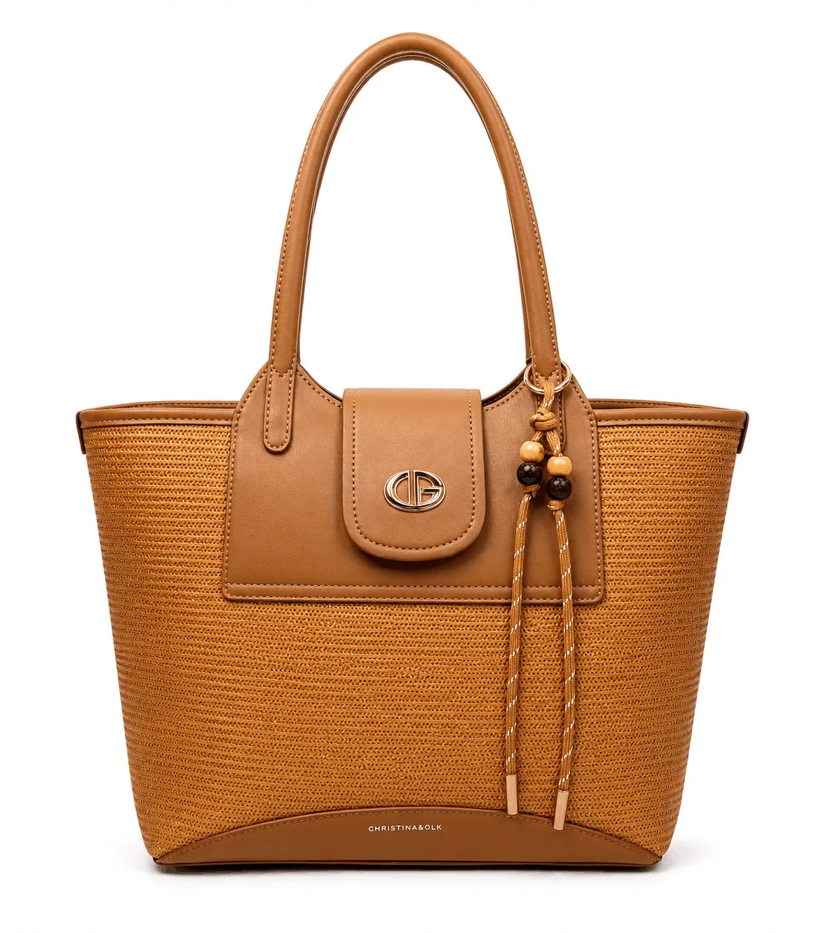 Women’s Tan Woven Texture PU Leather Tote Handbag (4) Stylish brown textured women’s tote handbag with dual handles, front flap pocket, secure zipper closure and decorative tassel charm.