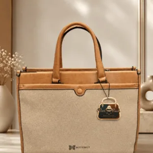 Premium beige and tan dual-tone handbag for women with spacious design and sturdy top handles