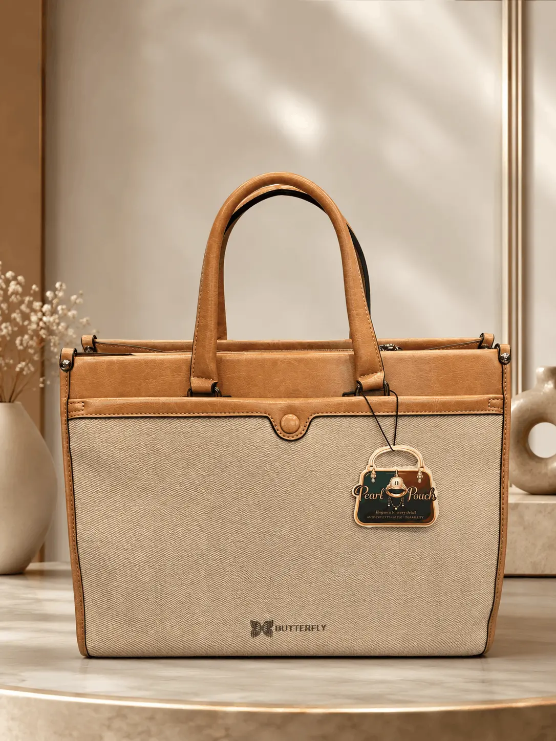 butterfly brand Big size TOTE bag laptop compartments inside ,sling cum hand bag for offices , school Premium beige and tan dual-tone handbag for women with spacious design and sturdy top handles