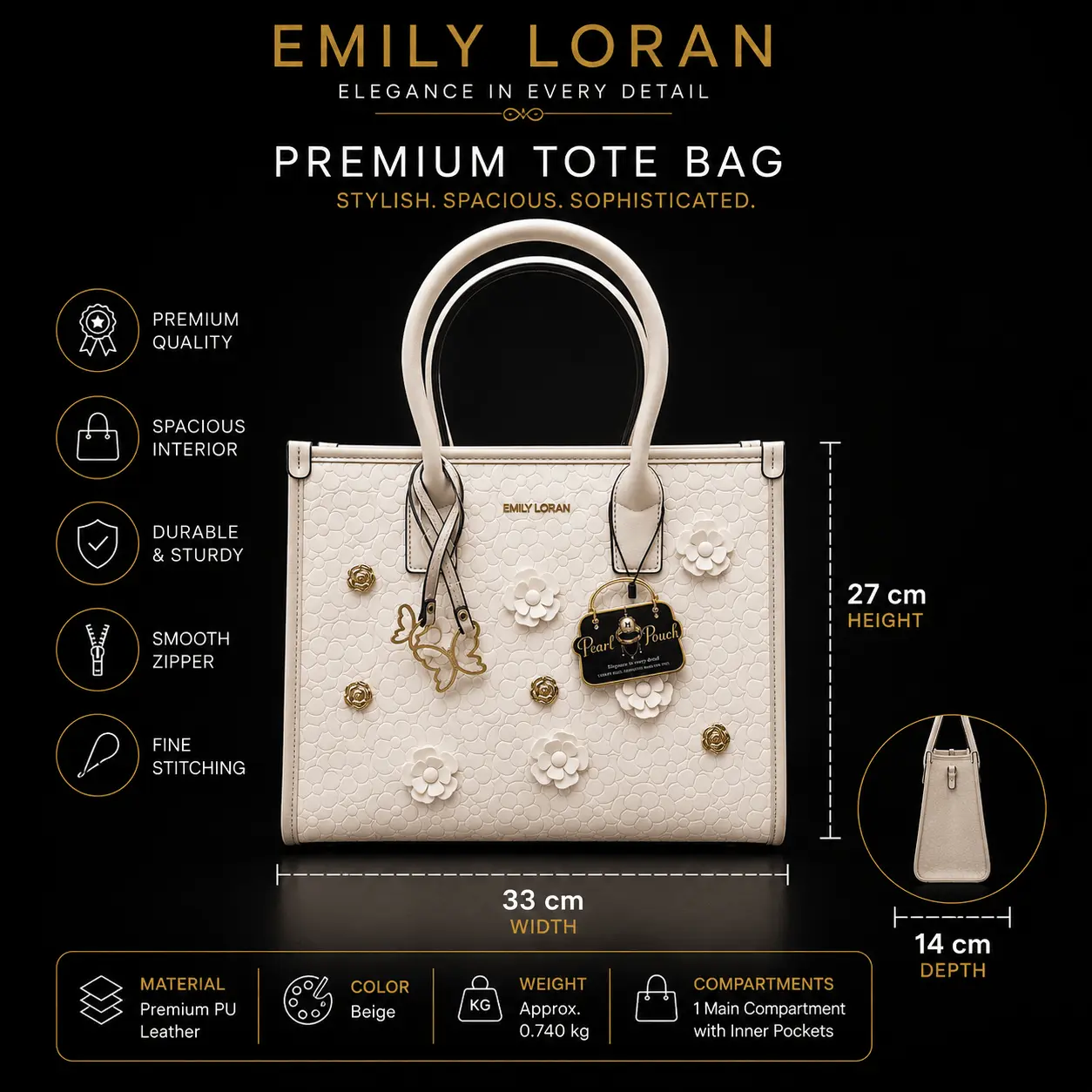 emily loran beige color Tote bag white color multi pockets all details for girls emily loran beige color Tote bag white color multi pockets all details for girls