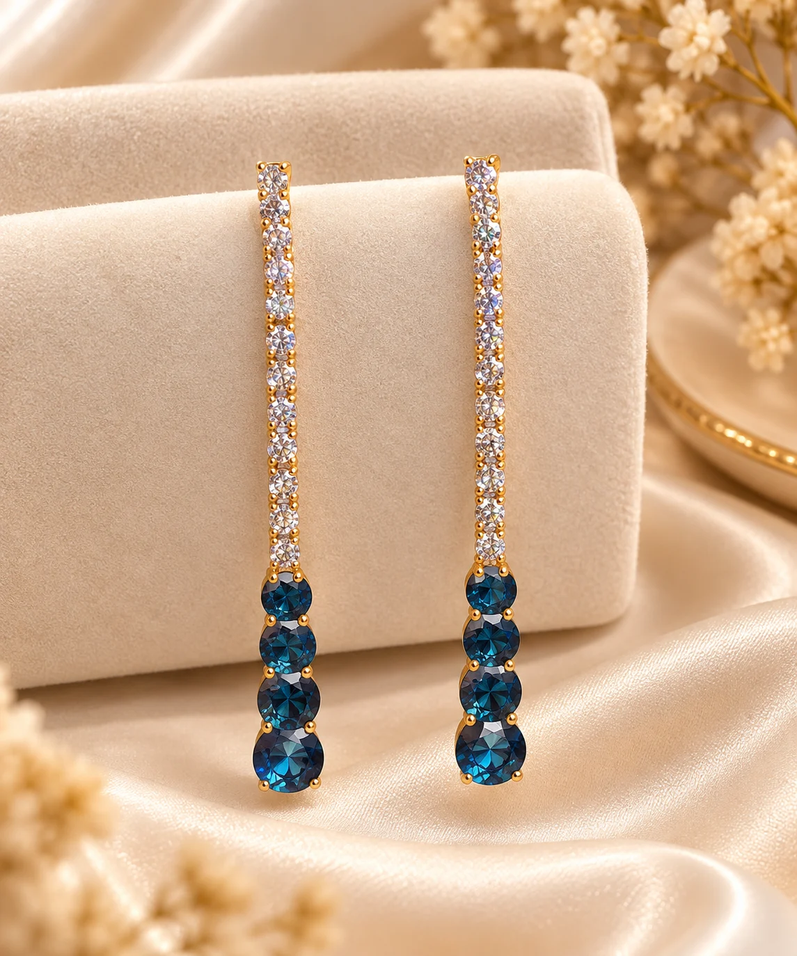 18K Royal Blue Drop Earrings (3) 18K gold plated blue stone drop earrings with sparkling clear stones and an elegant elongated design