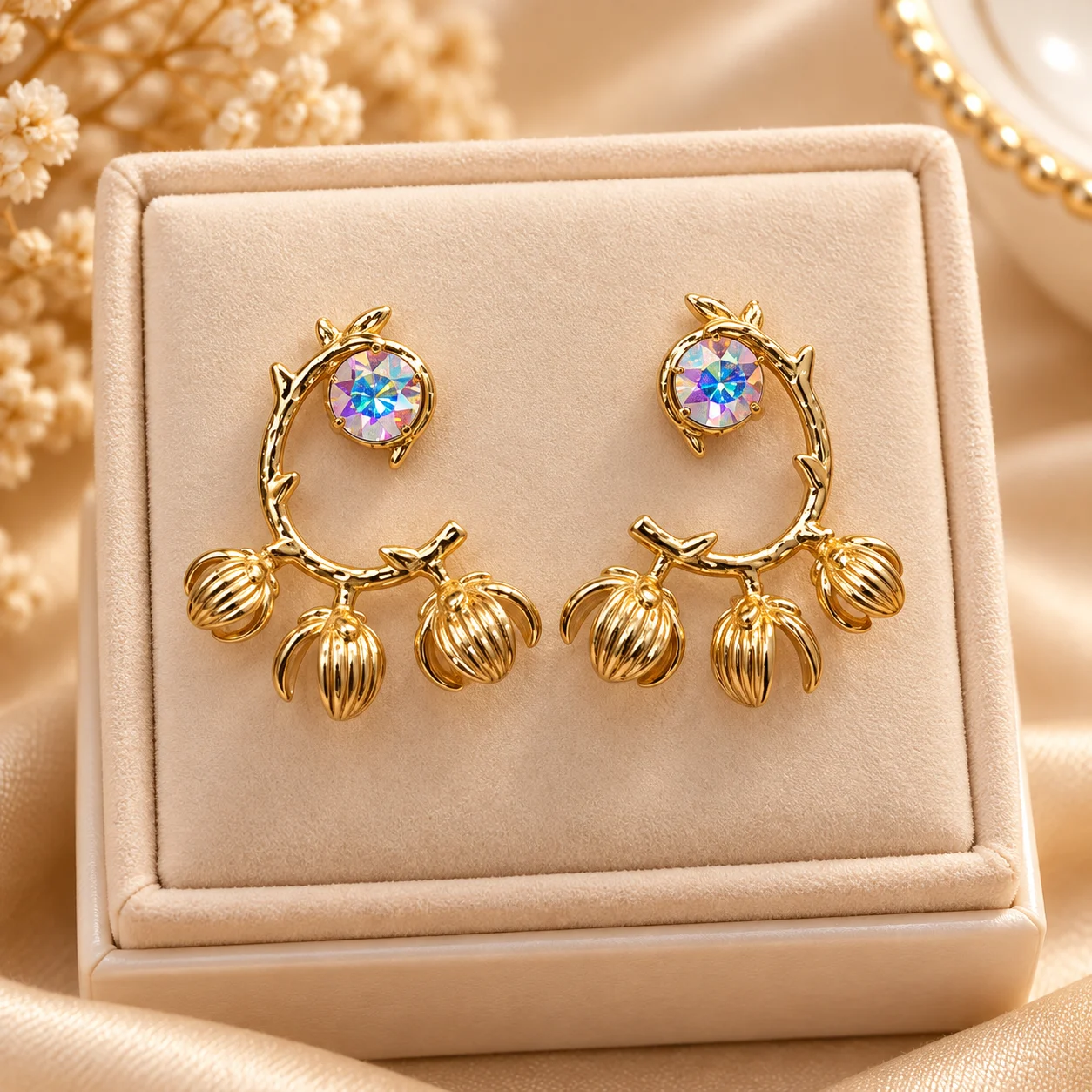 Blooming Branch Gold Plated Drop Earrings (1) Gold plated floral drop earrings with iridescent stone and textured floral charms
