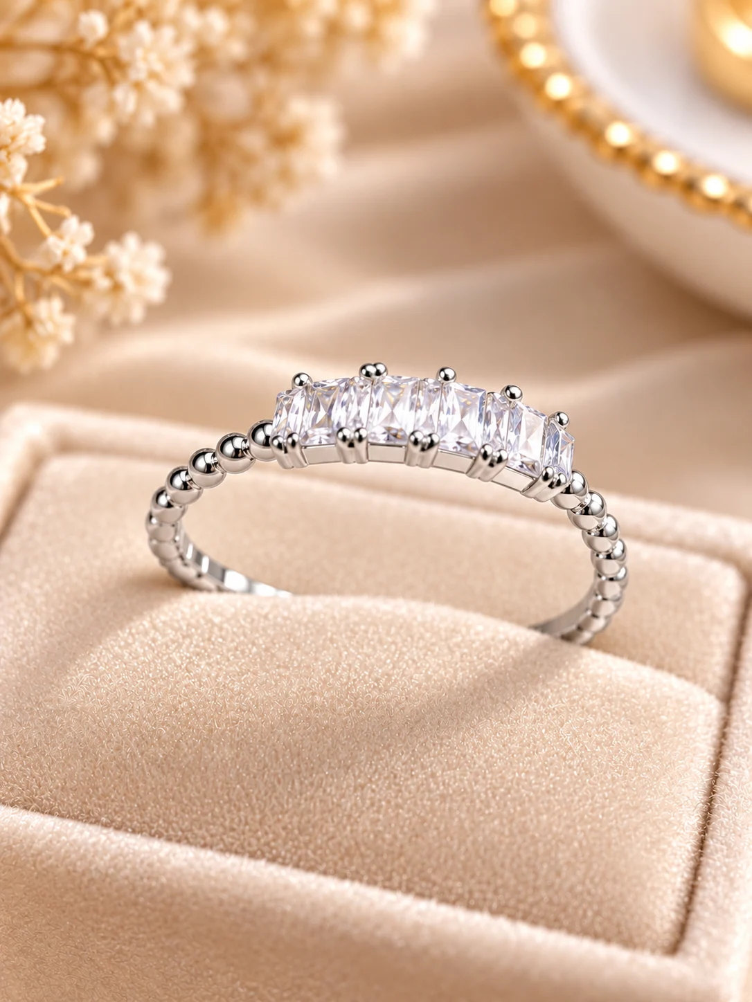 Brilliant Beaded Silver Tone Ring with Rectangular Stones (1) Silver tone beaded ring with sparkling rectangular clear stones