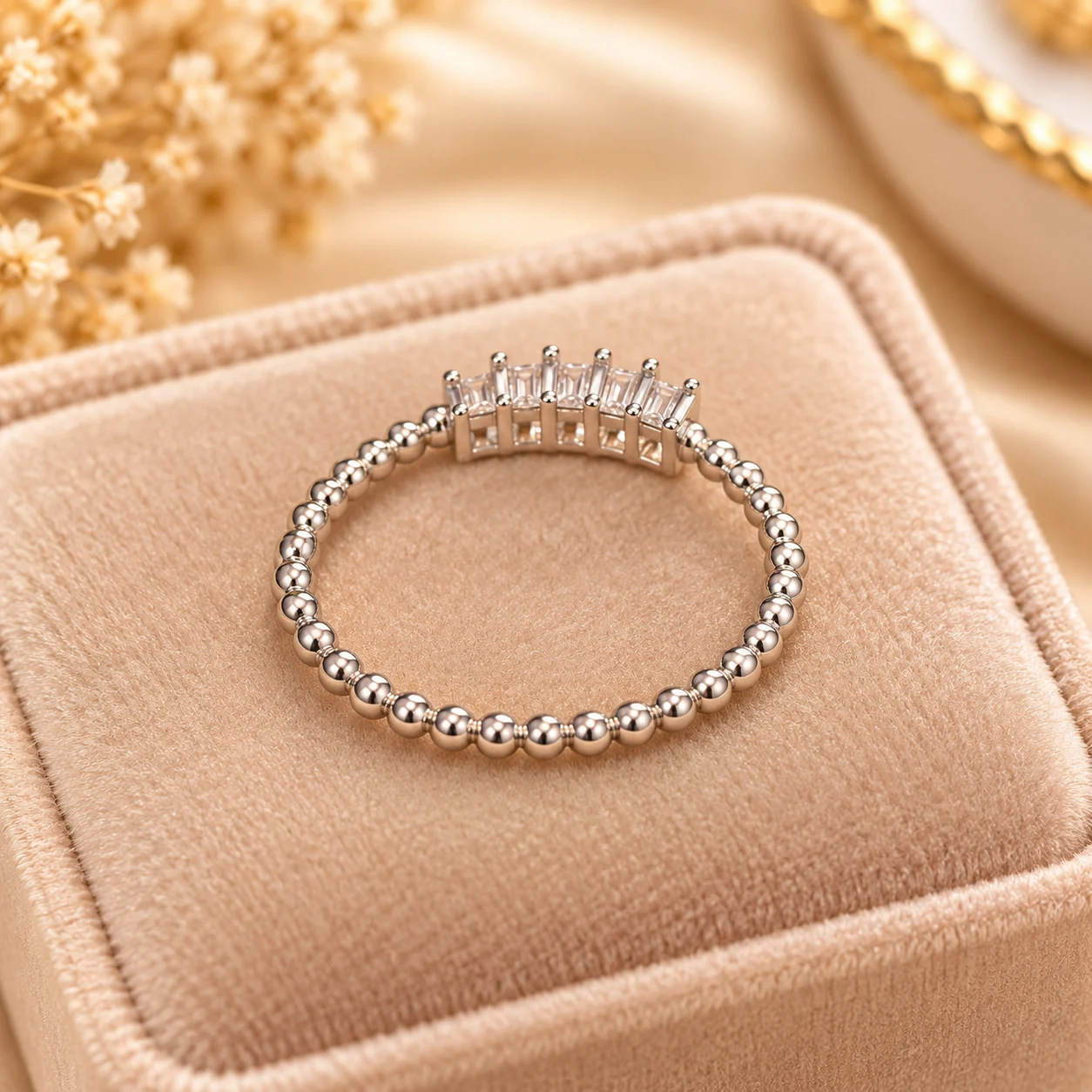 Brilliant Beaded Silver Tone Ring with Rectangular Stones (2)