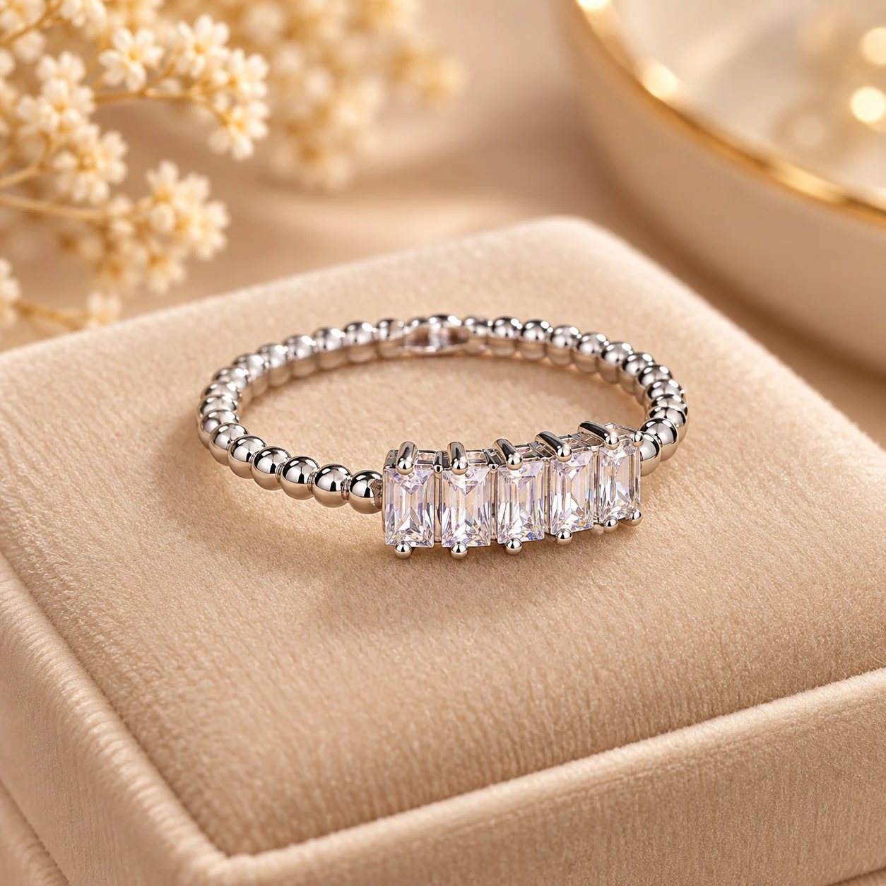 Brilliant Beaded Silver Tone Ring with Rectangular Stones (3)