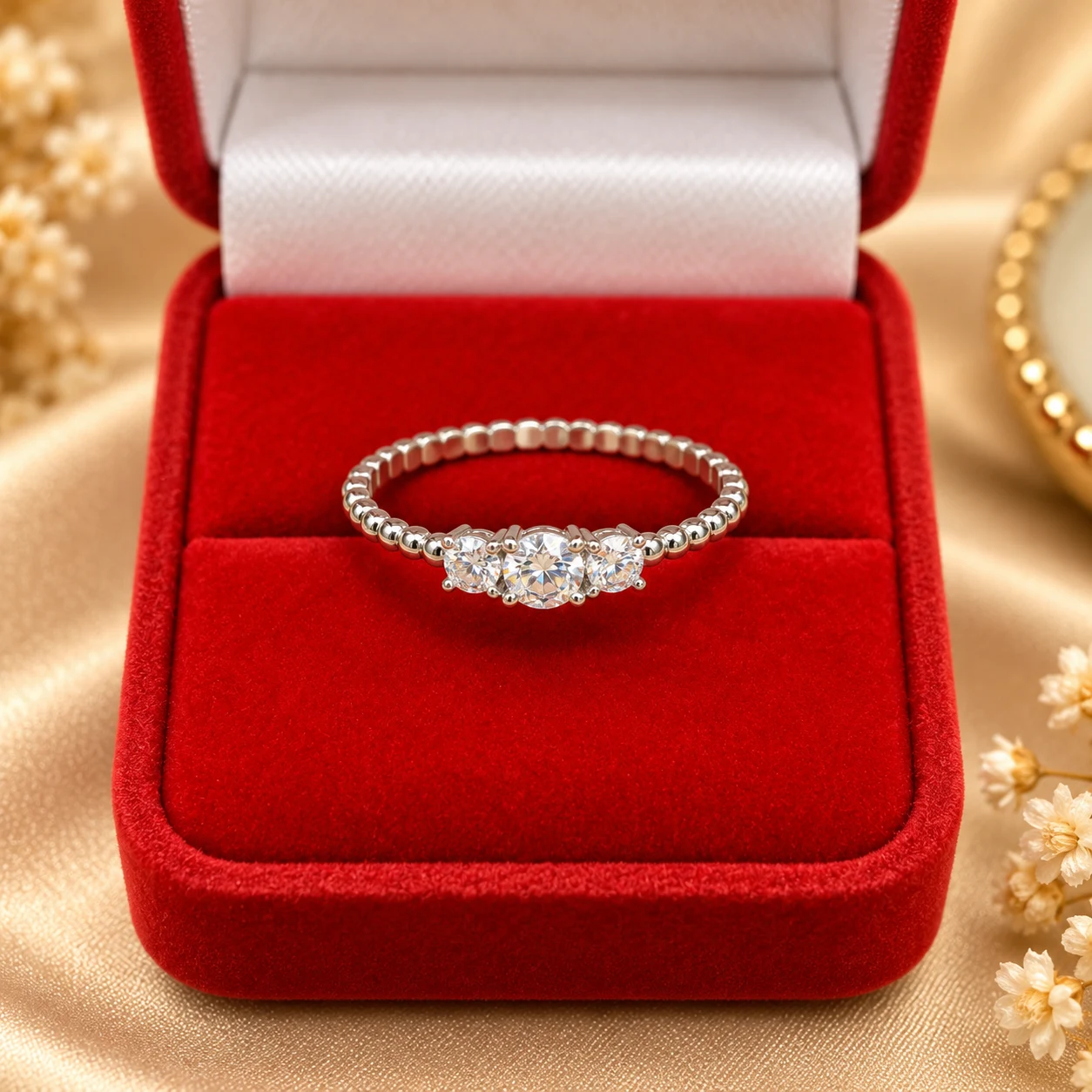Brilliant Beaded Silver Tone Ring with Rectangular Stones (4)
