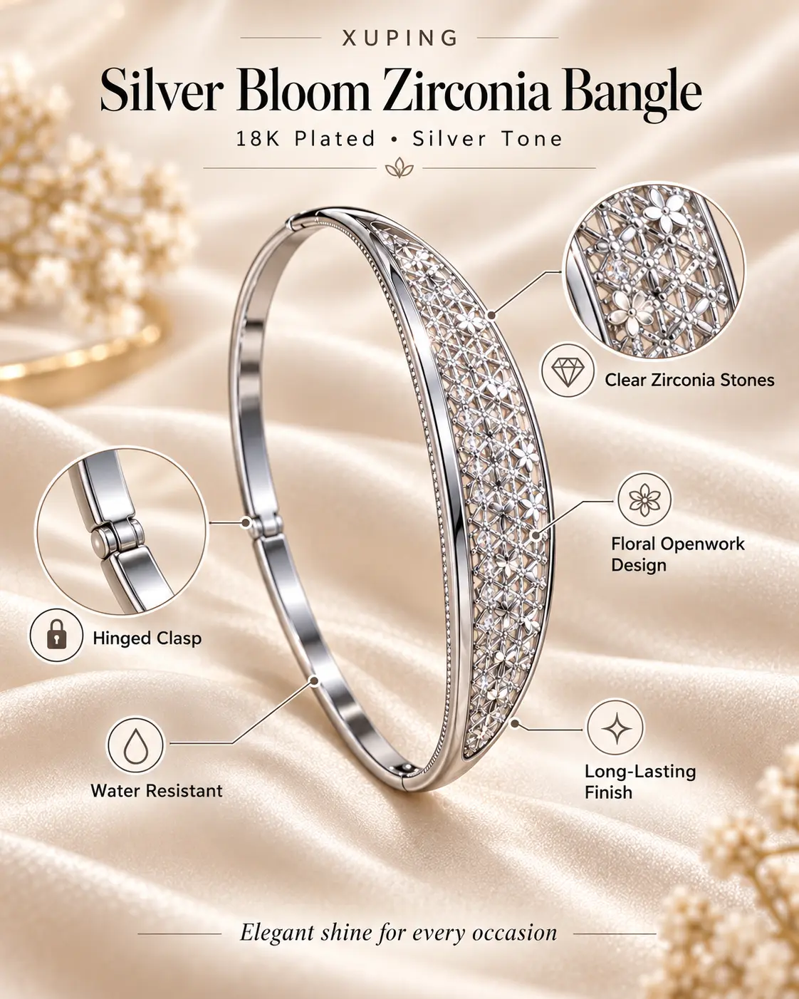 XUPING Silver Bloom Zirconia Bangle Style Bracelet XUPING Silver Bloom Zirconia Bangle Style Bracelet