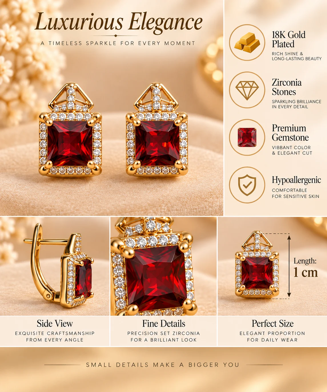 Crimson Radiance 18K Gold Plated Zirconia Earrings (2)