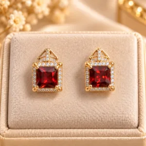 Stunning 18K Gold Plated Zirconia Earrings with square red gemstone and sparkling halo