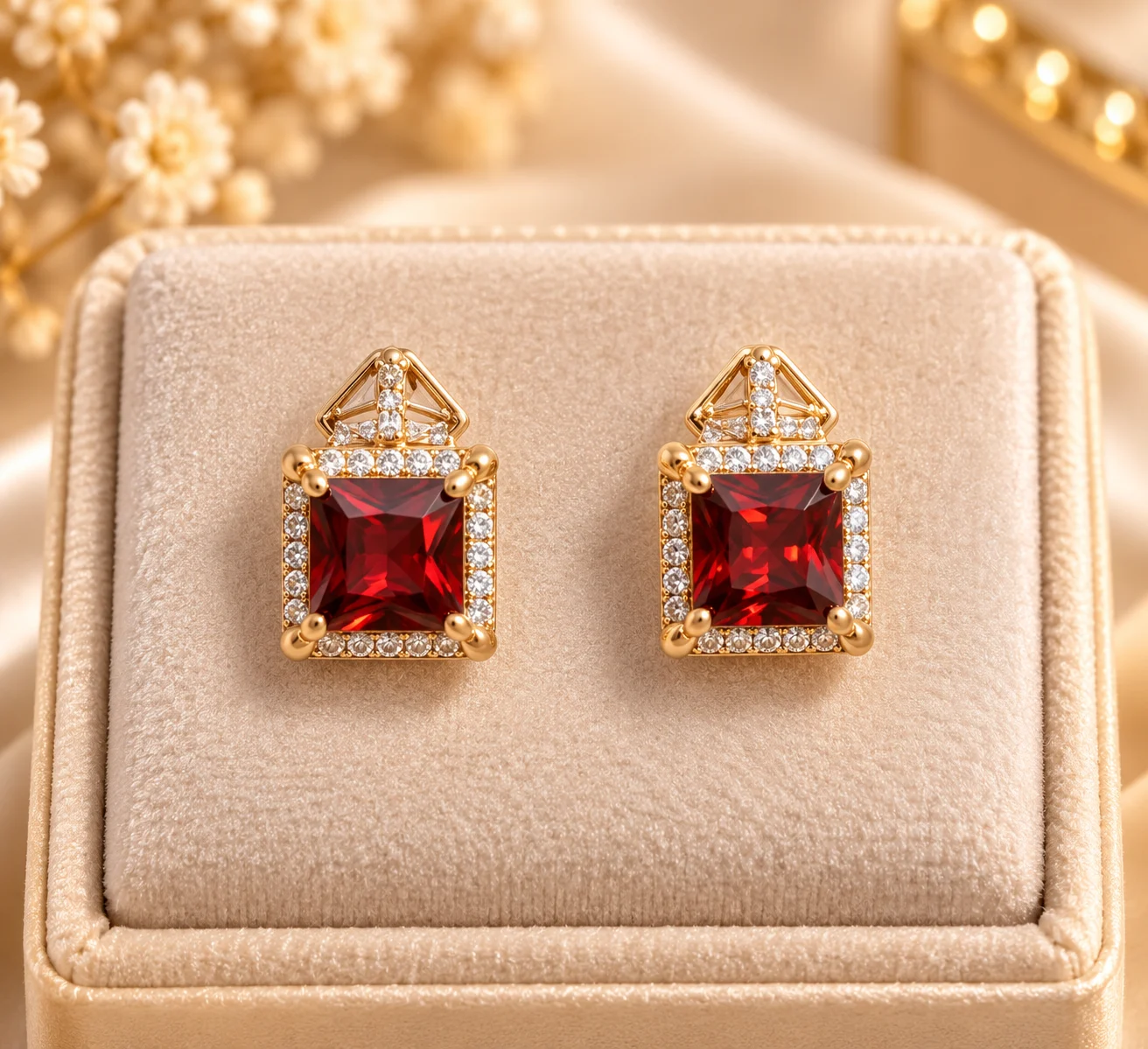 Crimson Radiance 18K Gold Plated Zirconia Earrings (6) Stunning 18K Gold Plated Zirconia Earrings with square red gemstone and sparkling halo