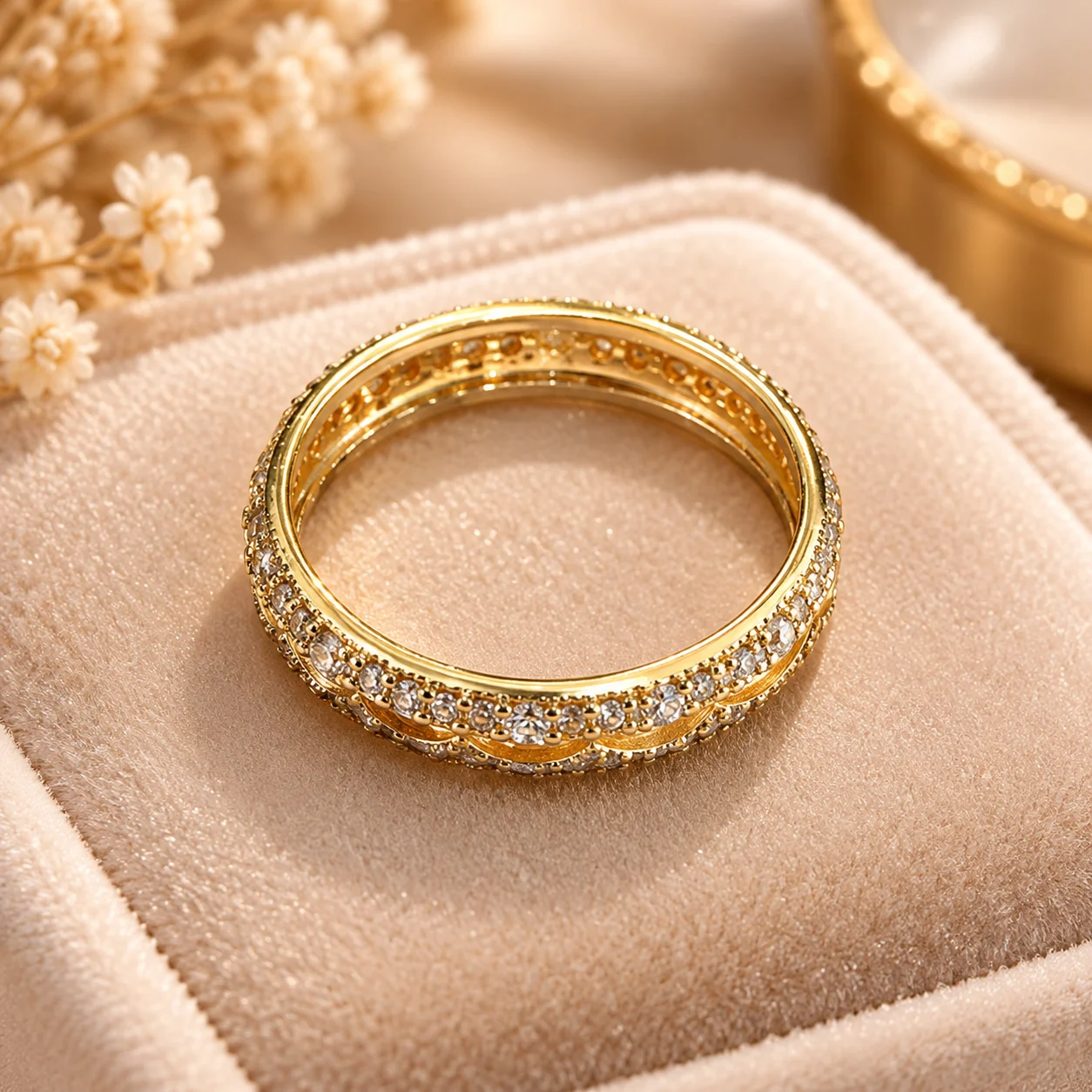 Dazzling Wavy Crystal Gold Tone Ring (1) Dazzling gold tone crystal ring with wavy band and clear sparkling stones