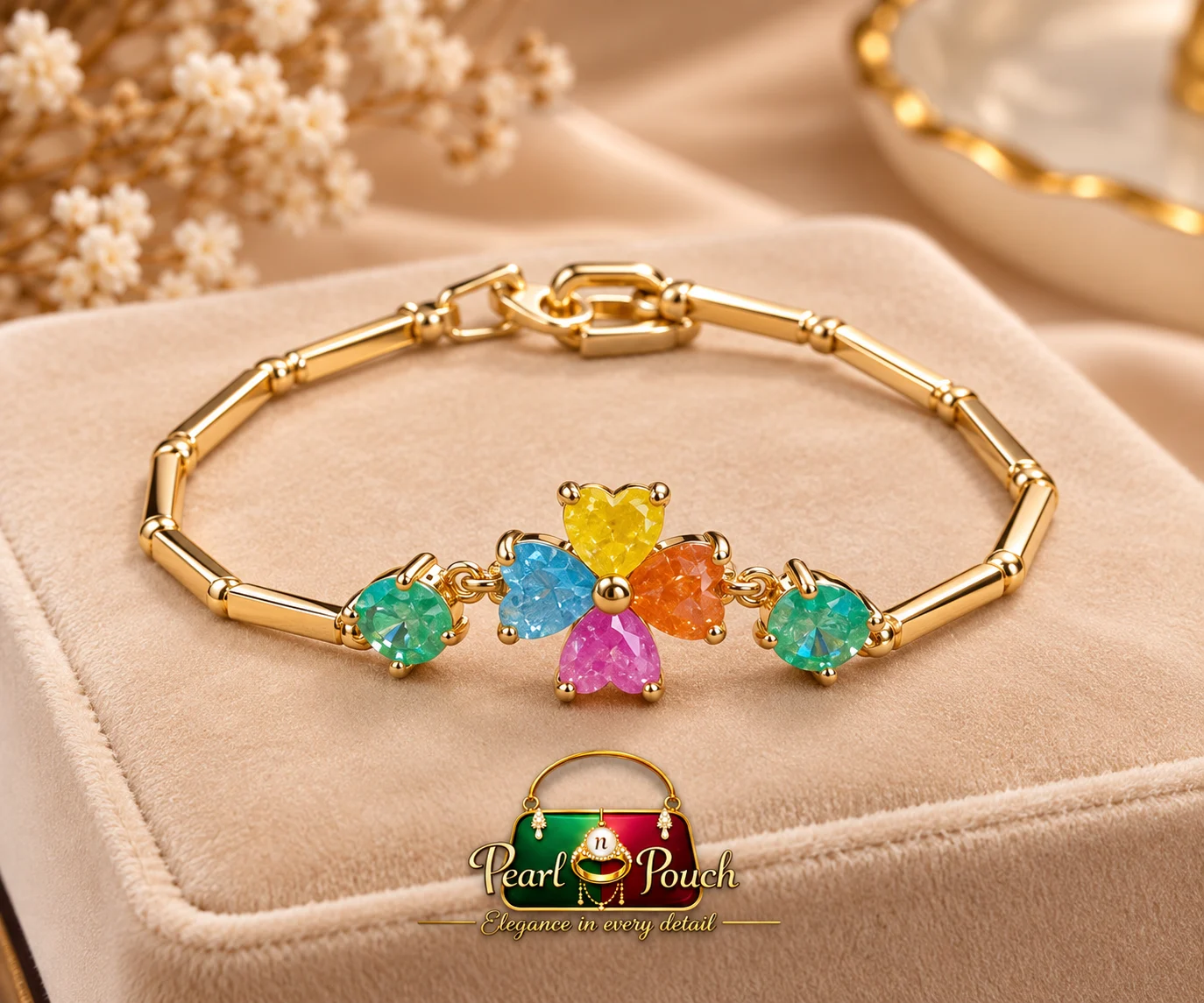Elegant 18K Gold Plated Free Size Multicolor Zirconia Bracelet (1) Elegant 18K Gold Plated Free Size Zirconia Bracelet with multicolor flower design