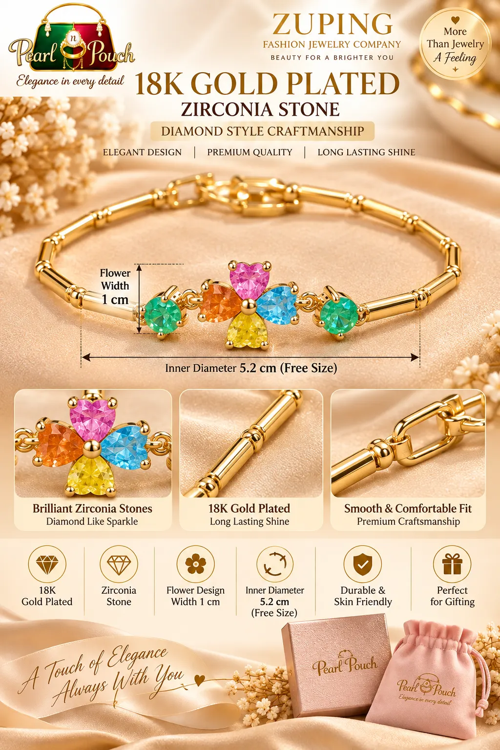 Elegant 18K Gold Plated Free Size Multicolor Zirconia Bracelet (3)