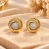 Elegant 18K Gold Plated Zirconia Earrings with round ribbed design and sparkling centre cluster