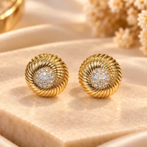 Elegant 18K Gold Plated Zirconia Earrings with round ribbed design and sparkling centre cluster