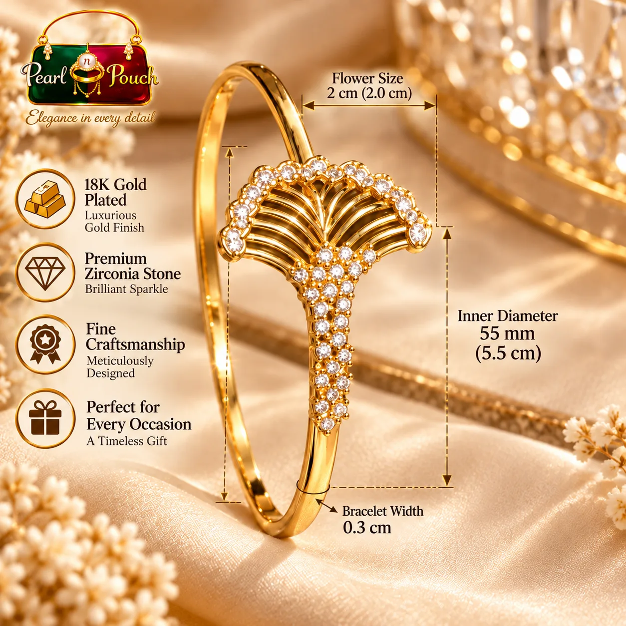 Elegant 18K Gold-Plated Zirconia Fan Design Bangle (4)