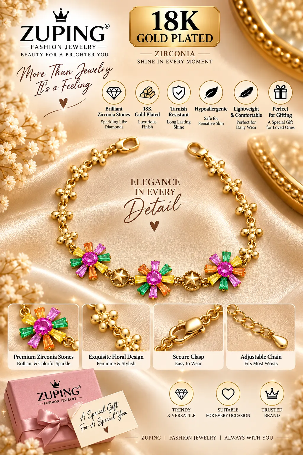 Elegant 18K Gold Plated Zirconia Floral Bracelet (1)