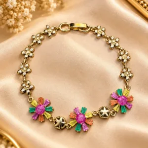 Elegant 18K Gold Plated Zirconia Floral Bracelet with colourful flower motifs