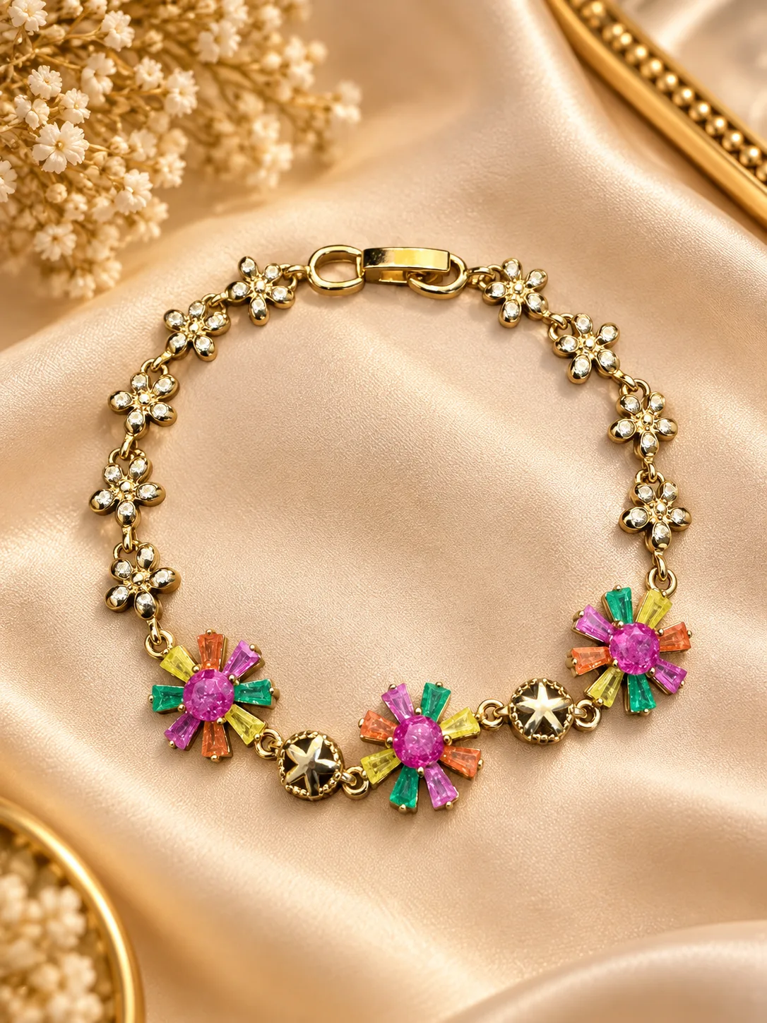 Elegant 18K Gold Plated Zirconia Floral Bracelet (5) Elegant 18K Gold Plated Zirconia Floral Bracelet with colourful flower motifs