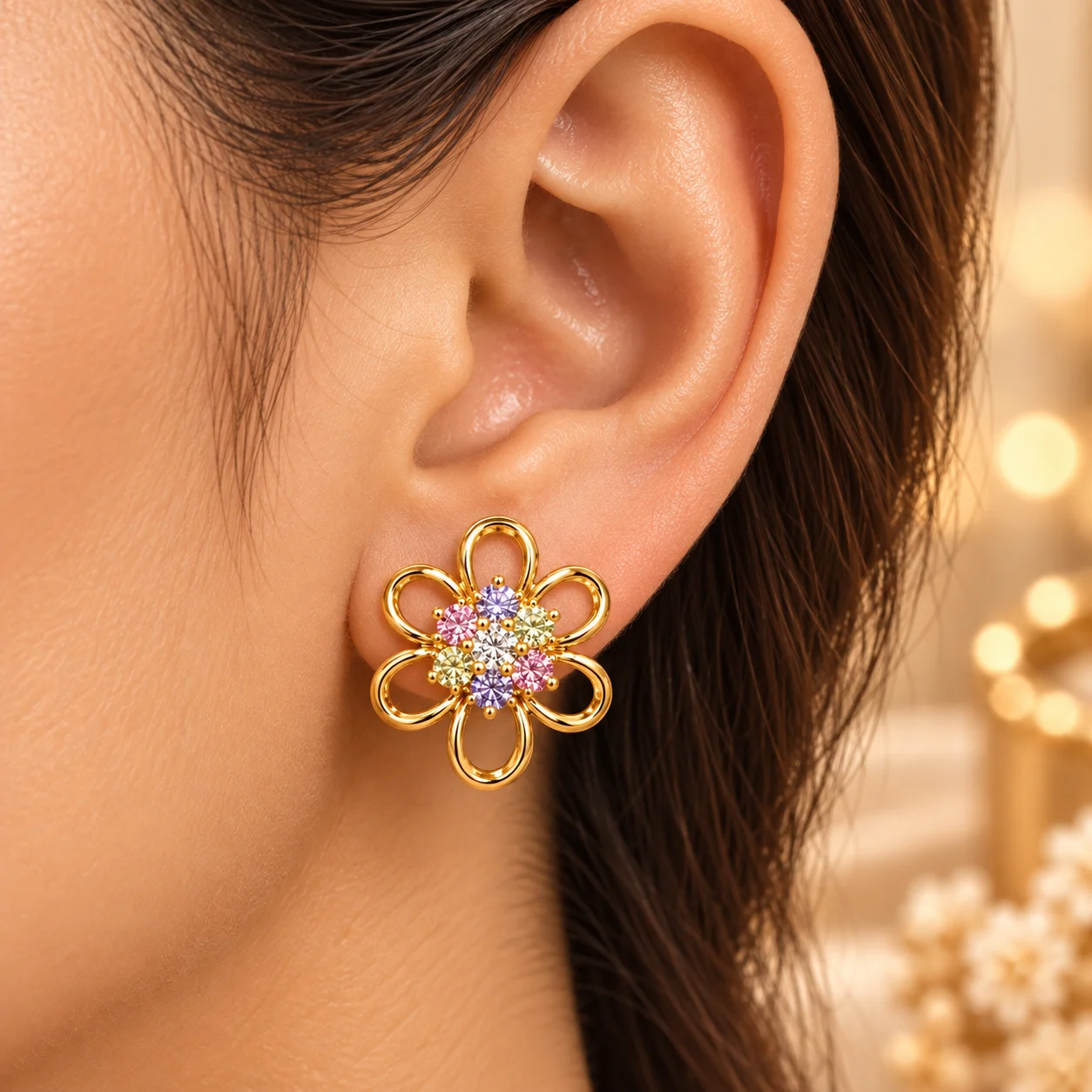 Elegant 18K Gold Plated Zirconia Floral Earrings (1)